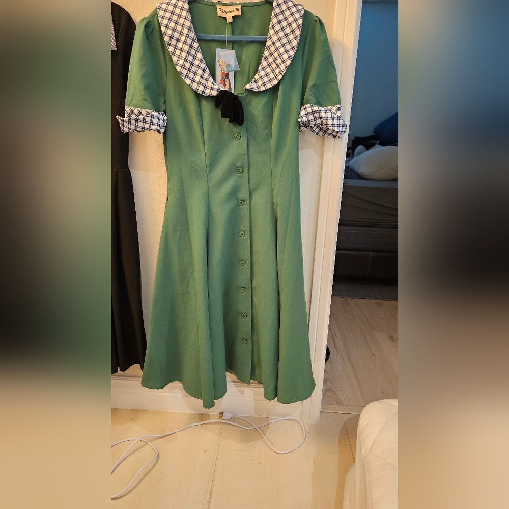 Green Button-Up Vintage Inspired Dress with Plaid Accents